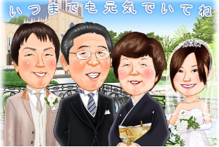 結婚式場の背景の両親贈呈用似顔絵